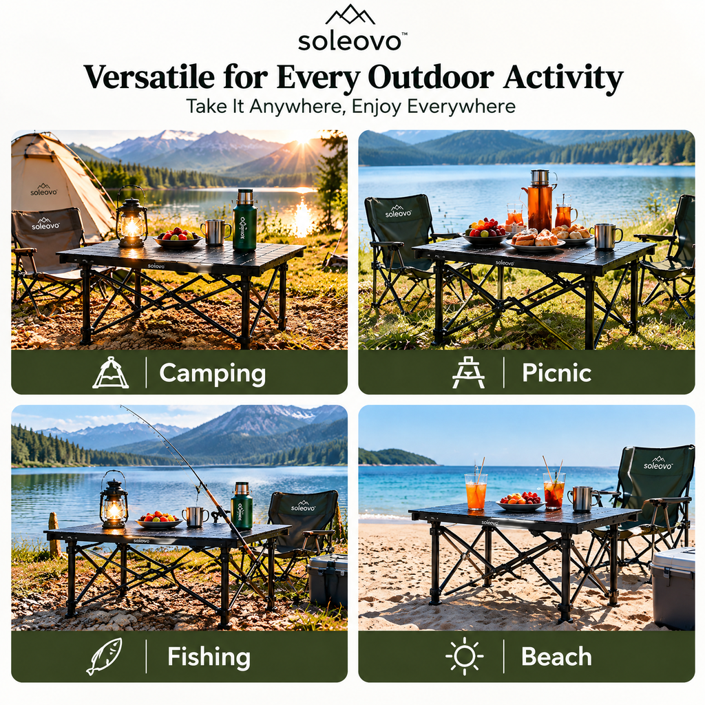 soleovo™ Portable Camping Table with Folding Aluminum Frame