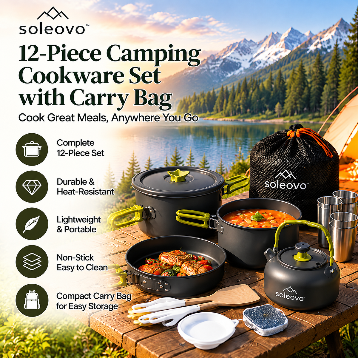 soleovo™ 12-Piece Camping Cookware Set with Carry Bag