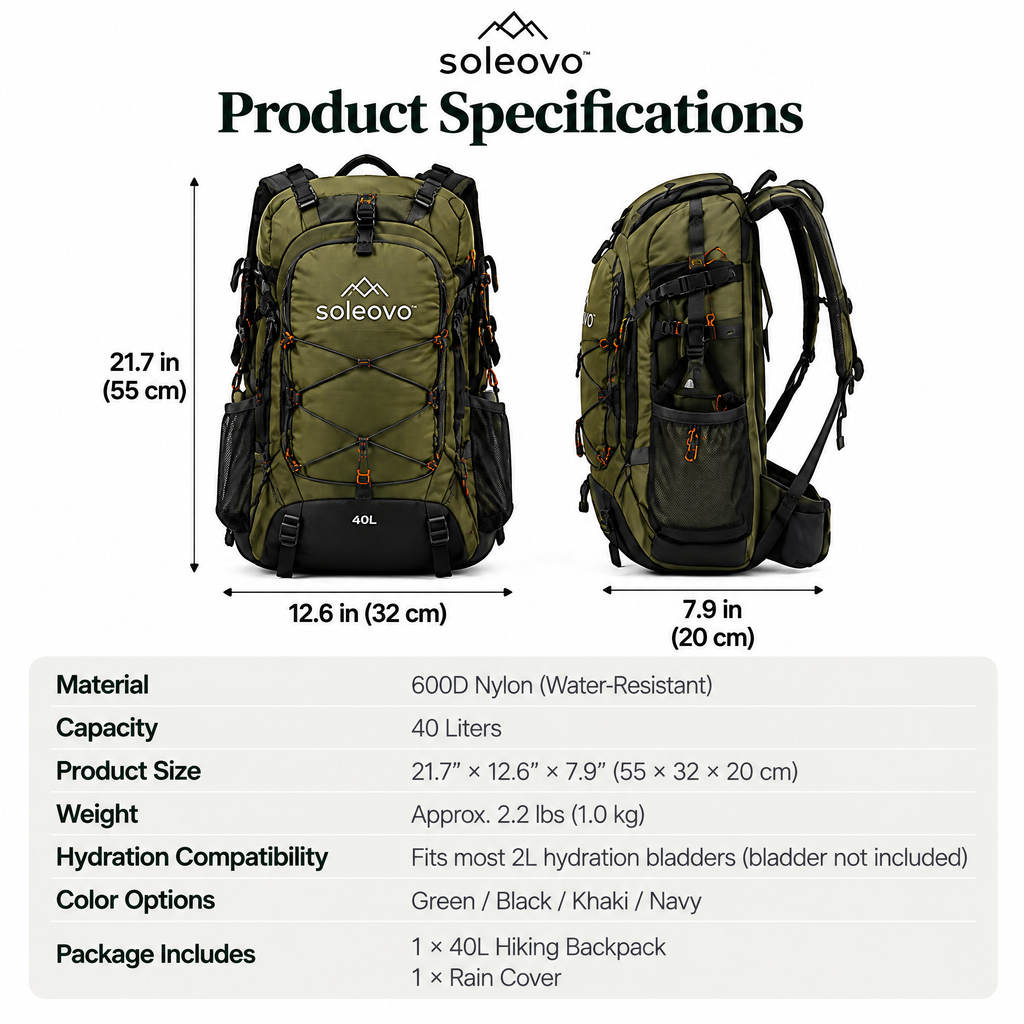 soleovo™ 40L Hiking Backpack with Hydration Compatibility