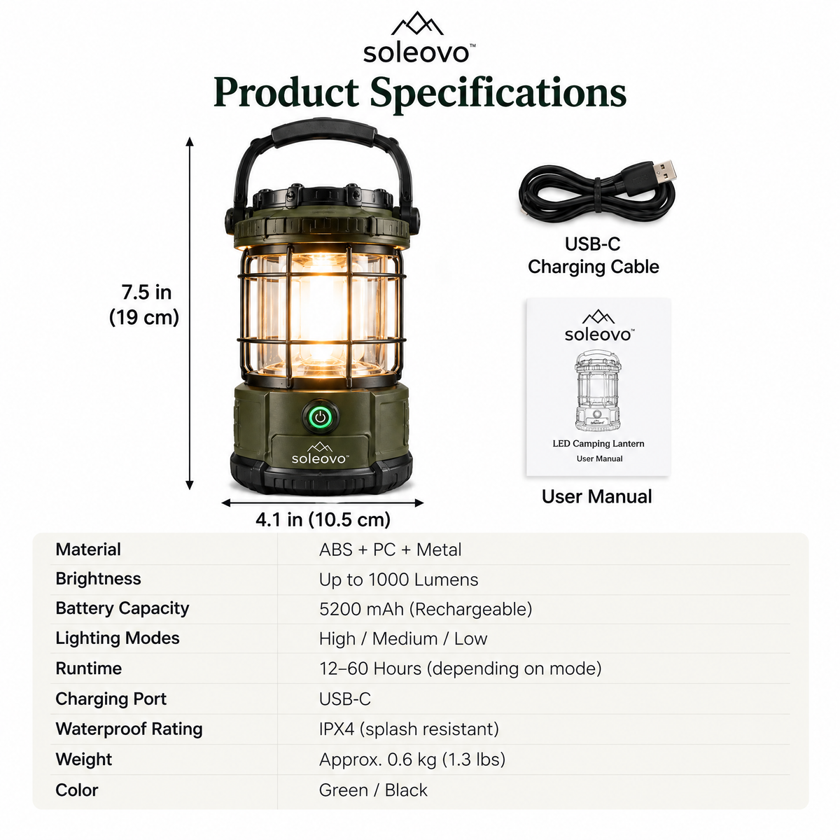 soleovo™ LED Camping Lantern with Rechargeable Battery