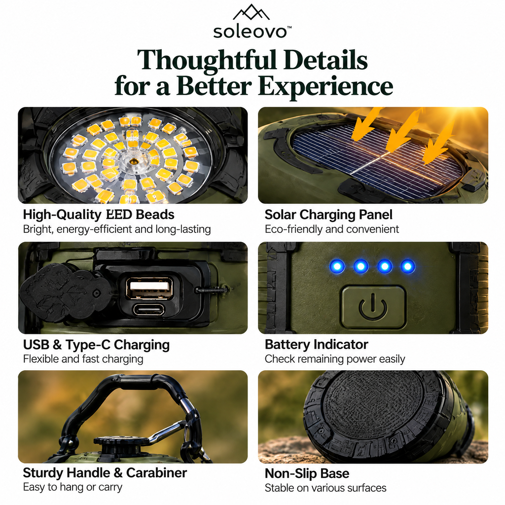 soleovo™ Solar Camping Lantern with USB Charging