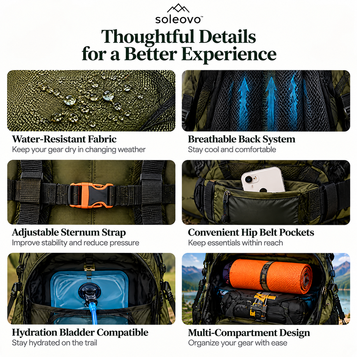 soleovo™ 40L Hiking Backpack with Hydration Compatibility