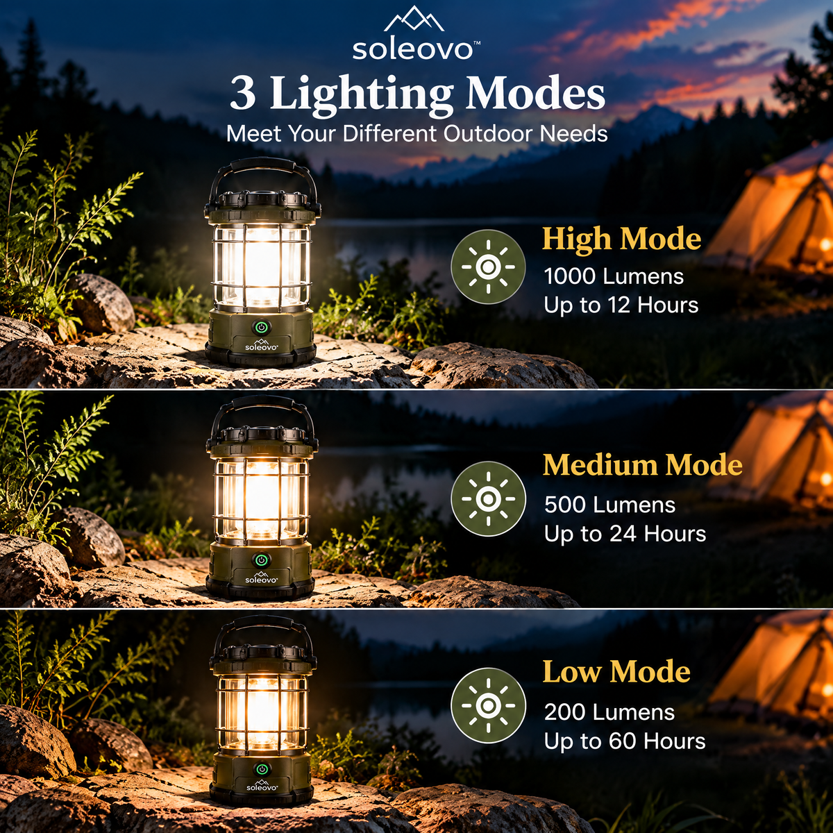 soleovo™ LED Camping Lantern with Rechargeable Battery