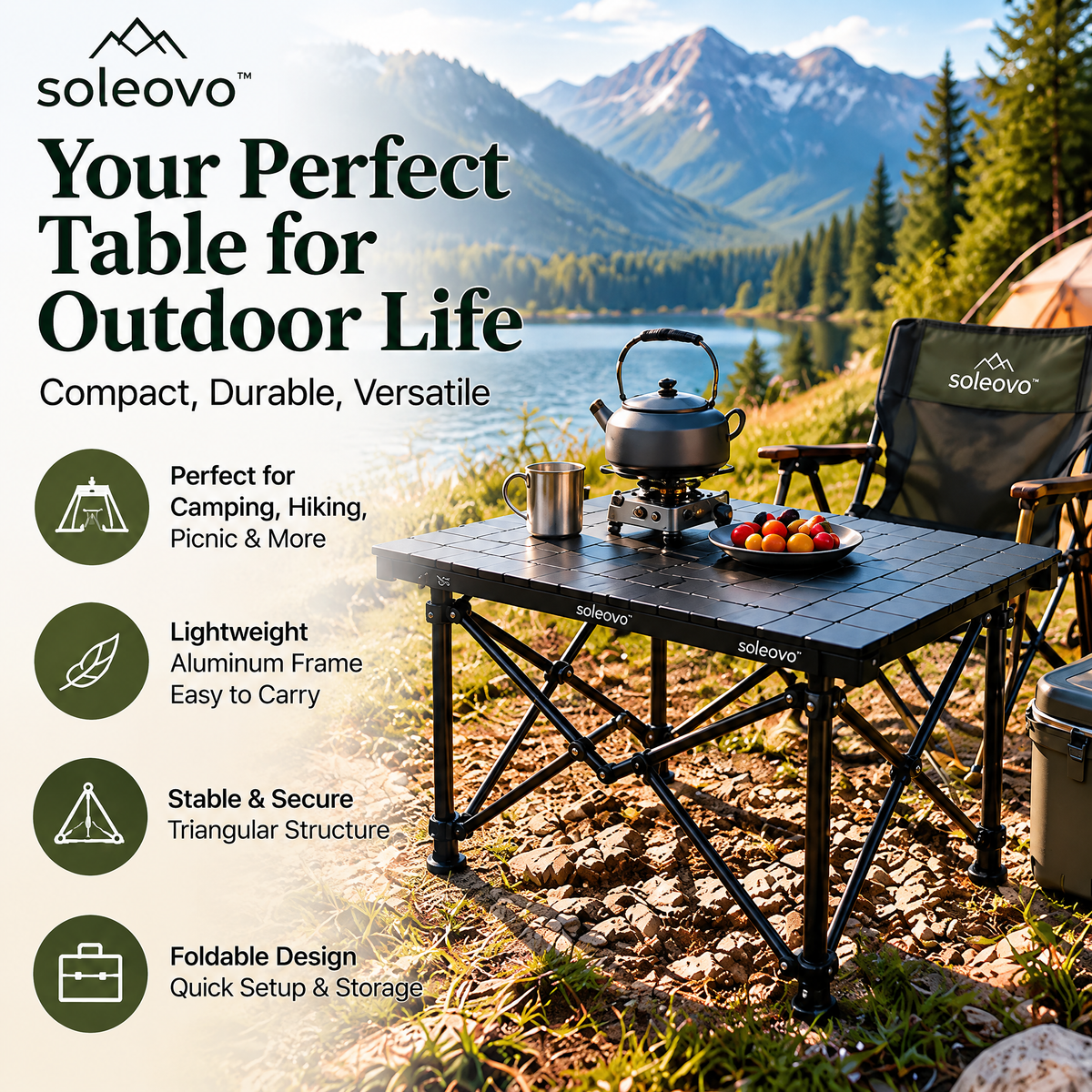 soleovo™ Portable Camping Table with Folding Aluminum Frame