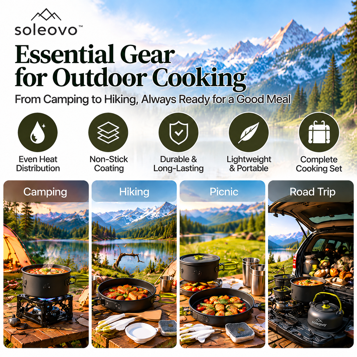 soleovo™ 12-Piece Camping Cookware Set with Carry Bag