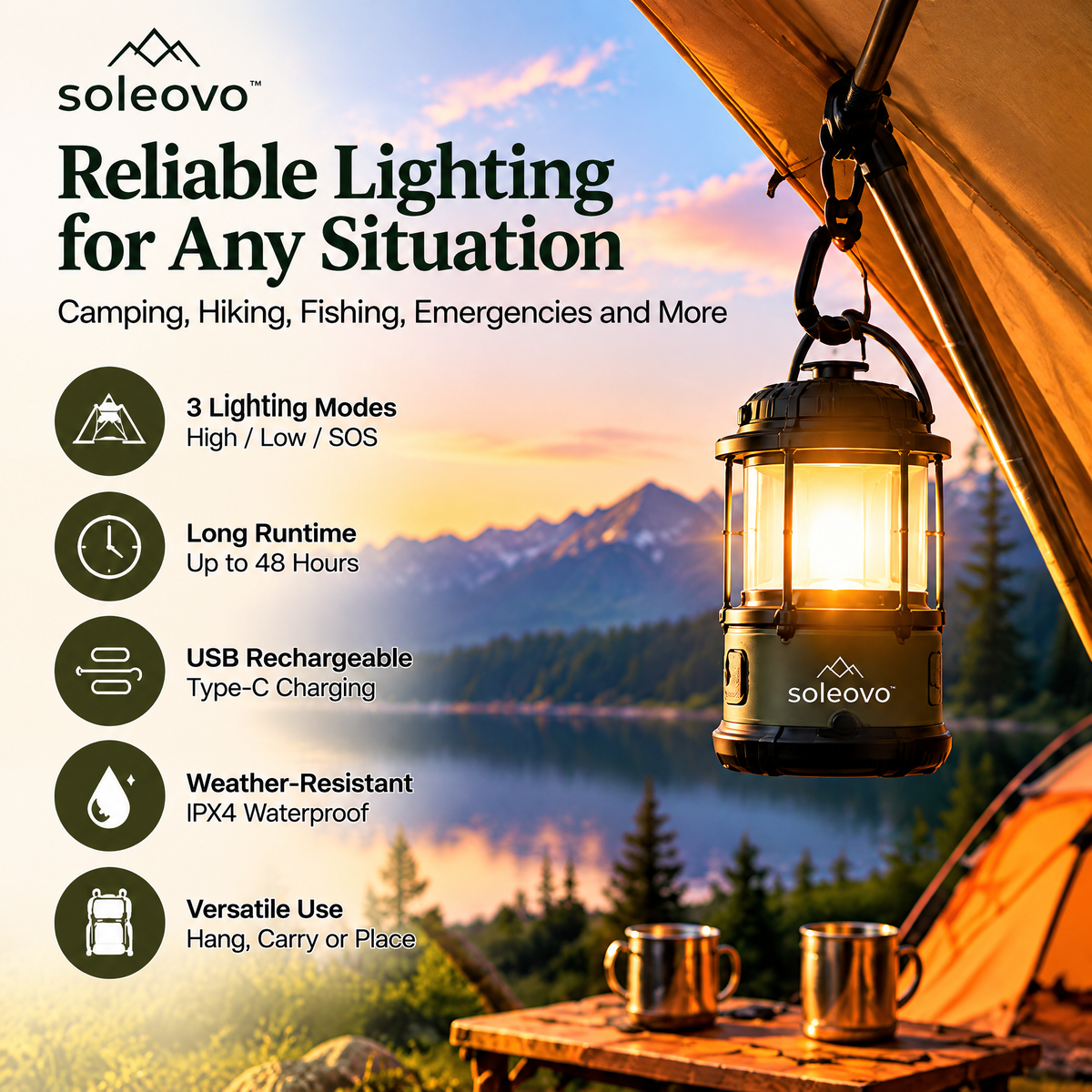 soleovo™ Outdoor LED String Lights with Camping Hanging Hooks