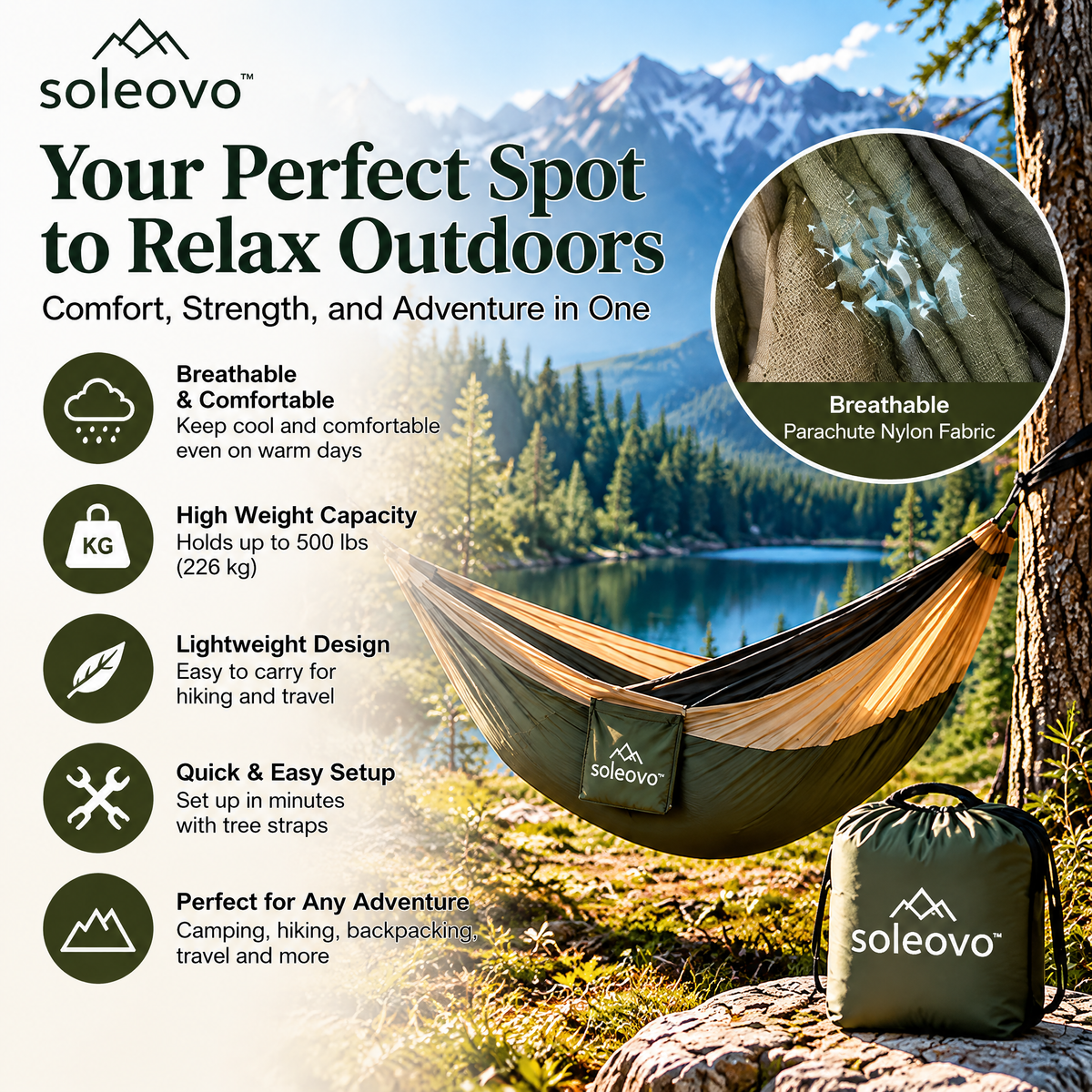 soleovo™ Portable Camping Hammock with Tree Straps