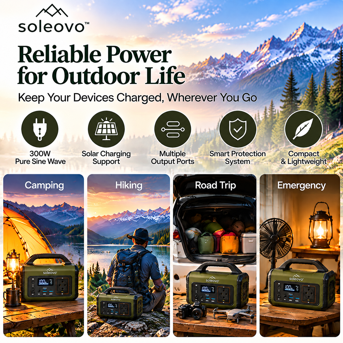 soleovo™ Portable Power Station 300W with Solar Charging Support