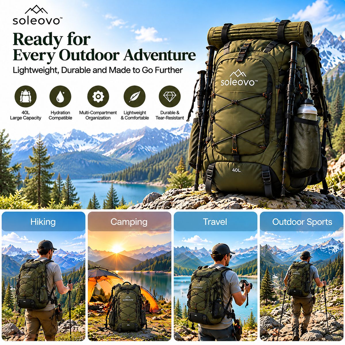 soleovo™ 40L Hiking Backpack with Hydration Compatibility
