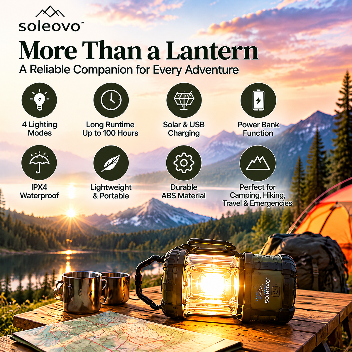 soleovo™ Solar Camping Lantern with USB Charging