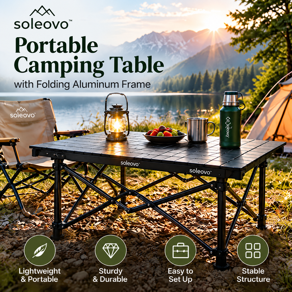 soleovo™ Portable Camping Table with Folding Aluminum Frame