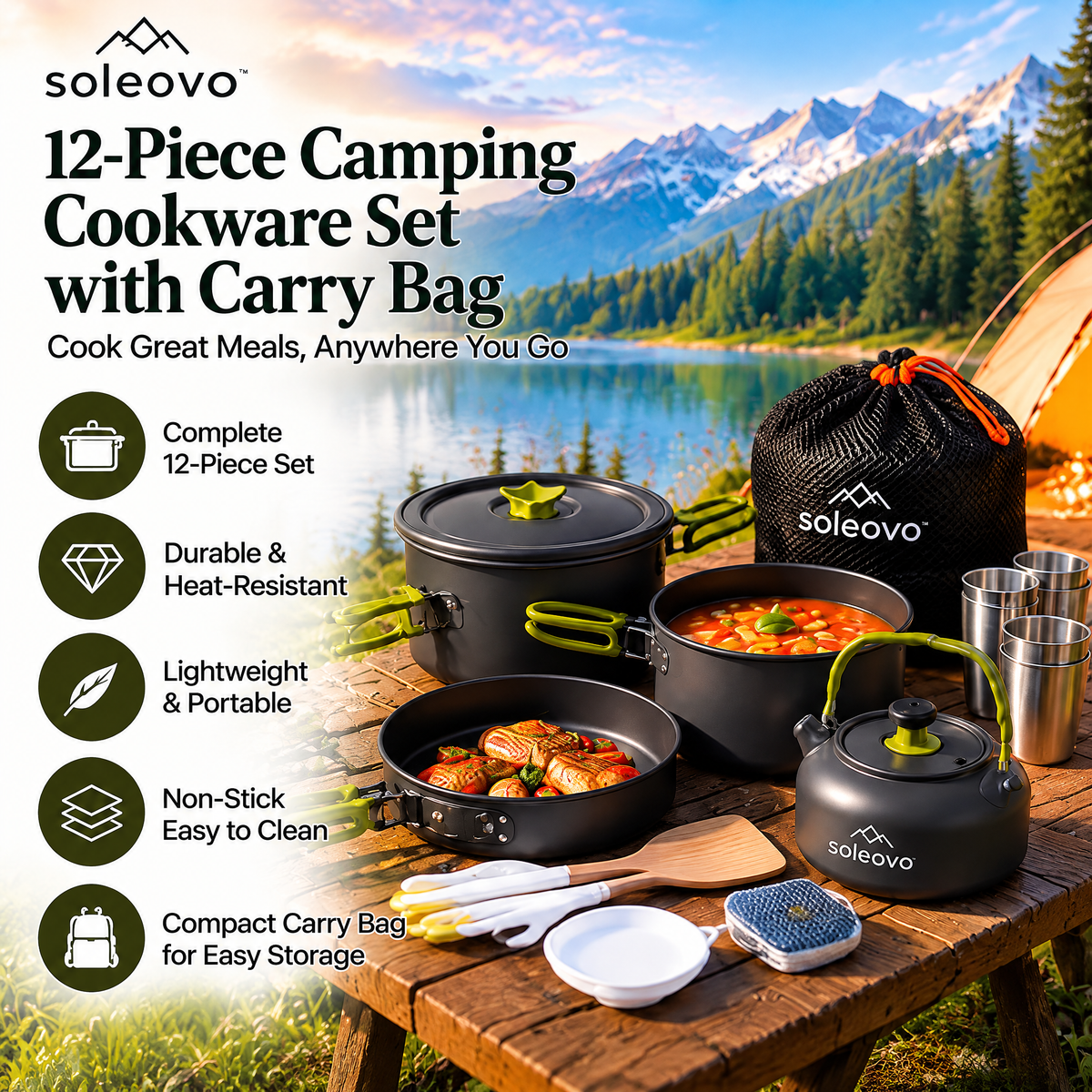 soleovo™ 12-Piece Camping Cookware Set with Carry Bag