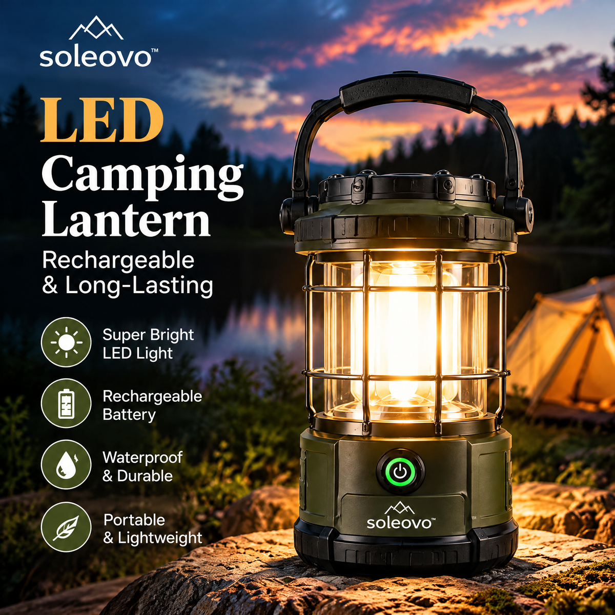 soleovo™ LED Camping Lantern with Rechargeable Battery