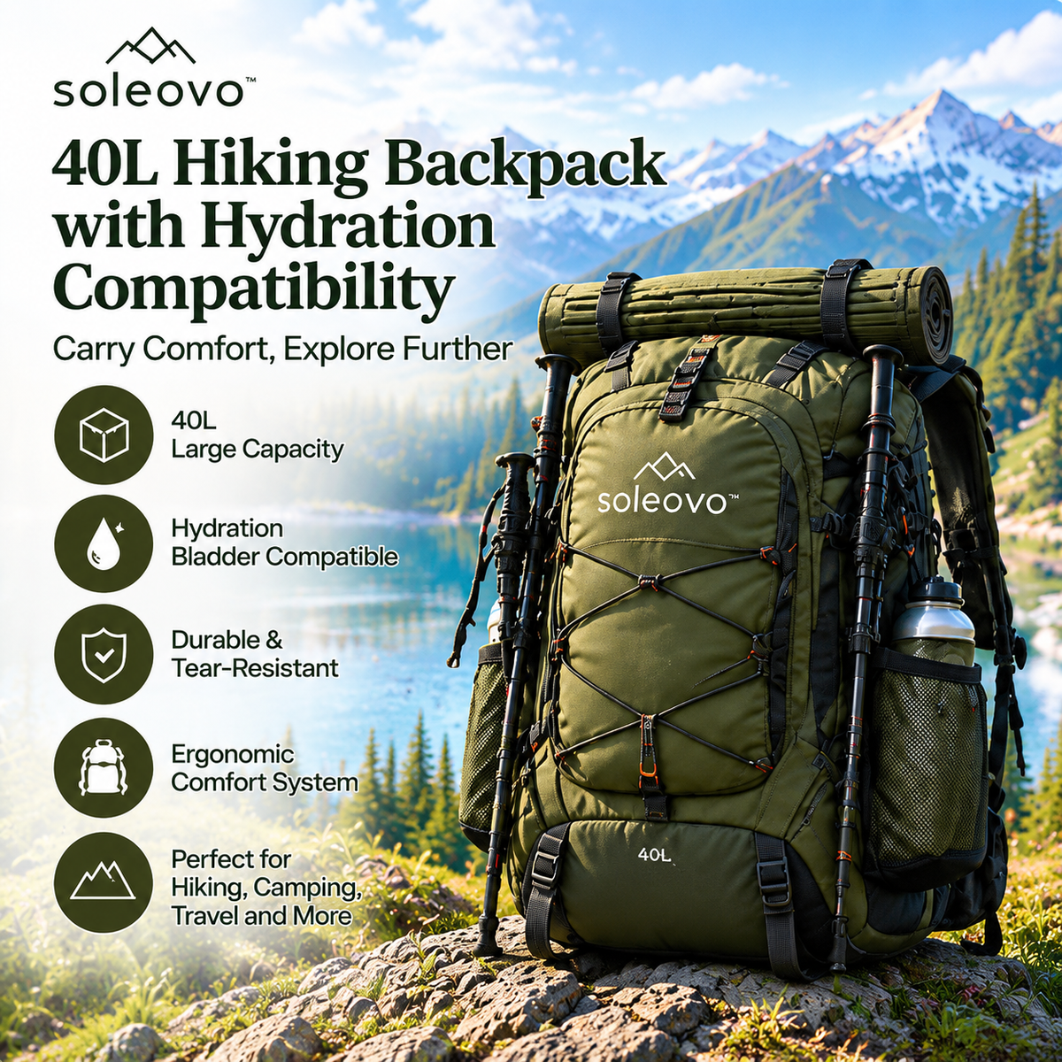 soleovo™ 40L Hiking Backpack with Hydration Compatibility