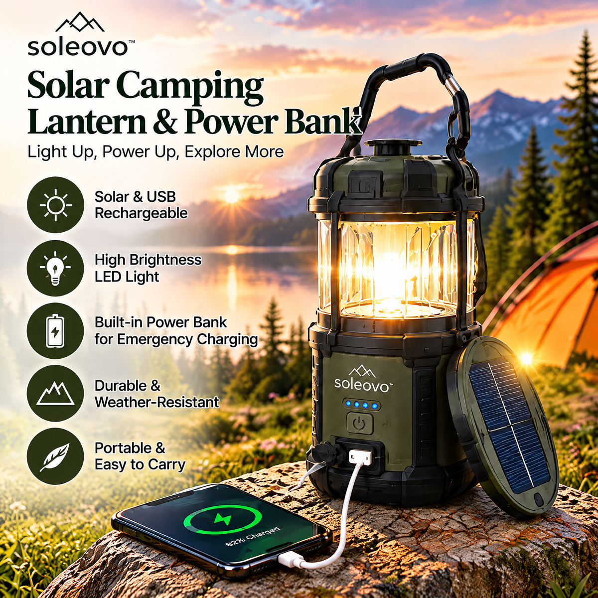 soleovo™ Solar Camping Lantern with USB Charging