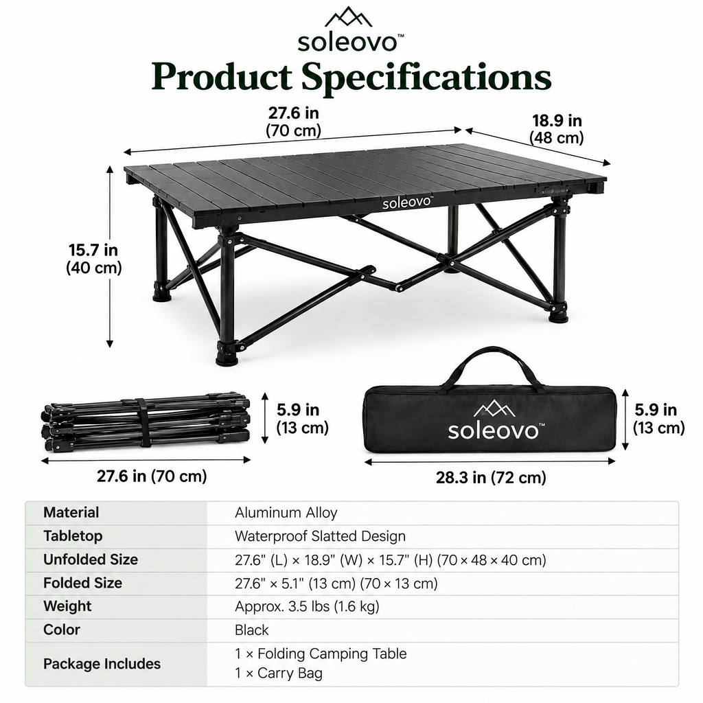 soleovo™ Portable Camping Table with Folding Aluminum Frame
