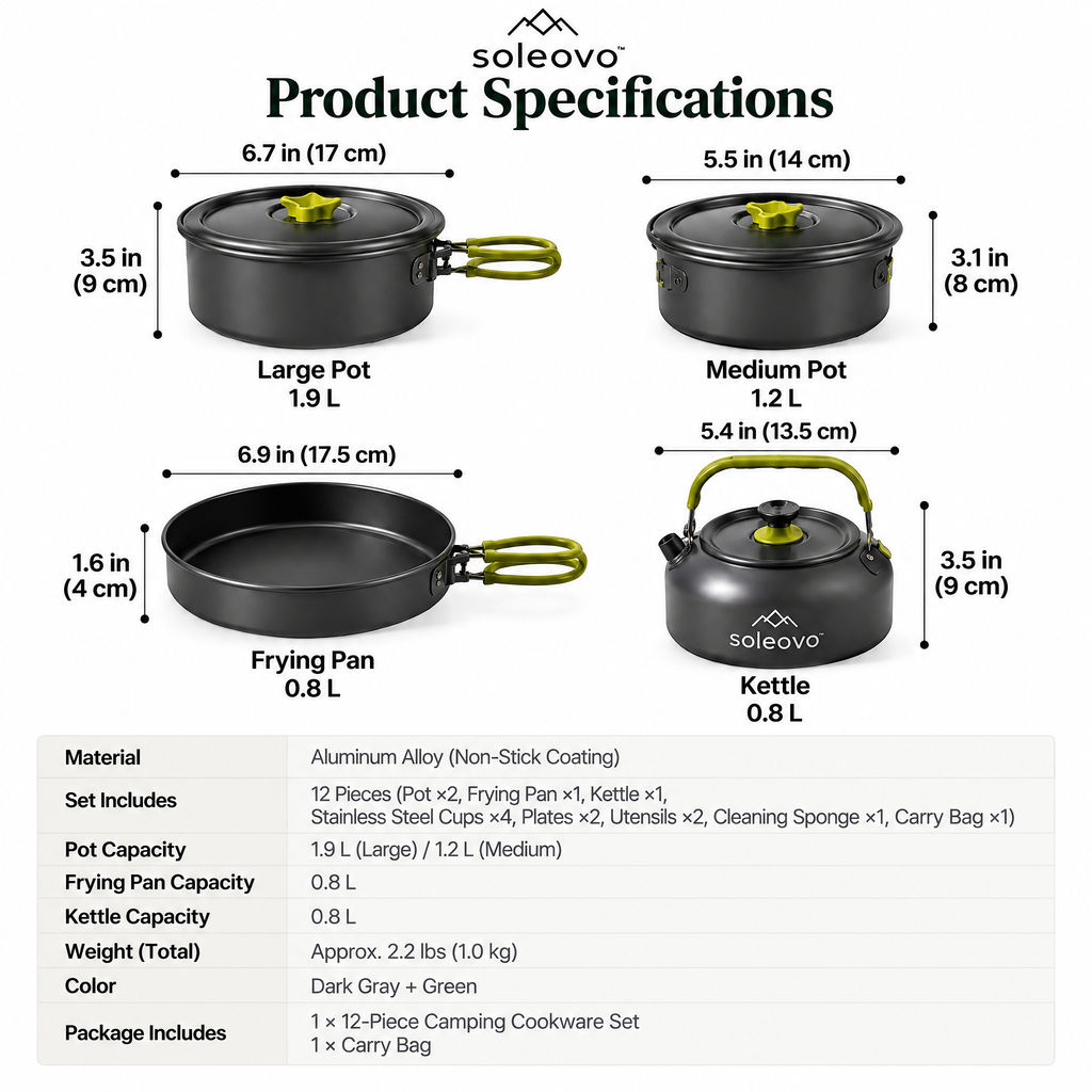 soleovo™ 12-Piece Camping Cookware Set with Carry Bag